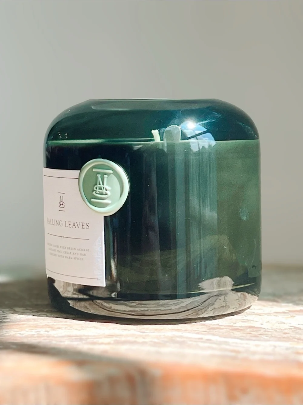 NEW Ninety Six Falling Leaves Candle 16 OZ Forest Green Glass Vessel